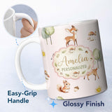 Personalized Custom Name Cute Woodland Deer Fox Squirrel Mushroom Forest Pattern Name Unique 11oz Ceramic Coffee Tea Mug White Large Handle
