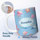 Personalized Custom Name Cute Blue Hair Mermaid Jellyfish Seahorse Light Blue Background 11oz Ceramic Coffee Tea Mug White Large Handle