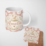 Personalized Custom Name Peach Background White Daisy Floral Seamless Pattern Name Cute 11oz Ceramic Coffee Tea Mug White Large Handle