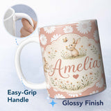 Personalized Custom Name Peach Background White Daisy Floral Seamless Pattern Name Cute 11oz Ceramic Coffee Tea Mug White Large Handle