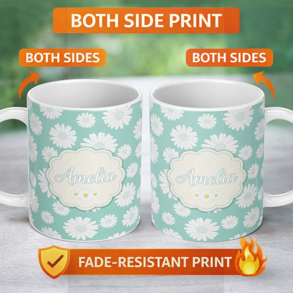 Personalized Custom Name Teal Background White Daisy Floral Seamless Pattern Name Cute 11oz Ceramic Coffee Tea Mug White Large Handle
