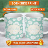 Personalized Custom Name Teal Background White Daisy Floral Seamless Pattern Name Cute 11oz Ceramic Coffee Tea Mug White Large Handle