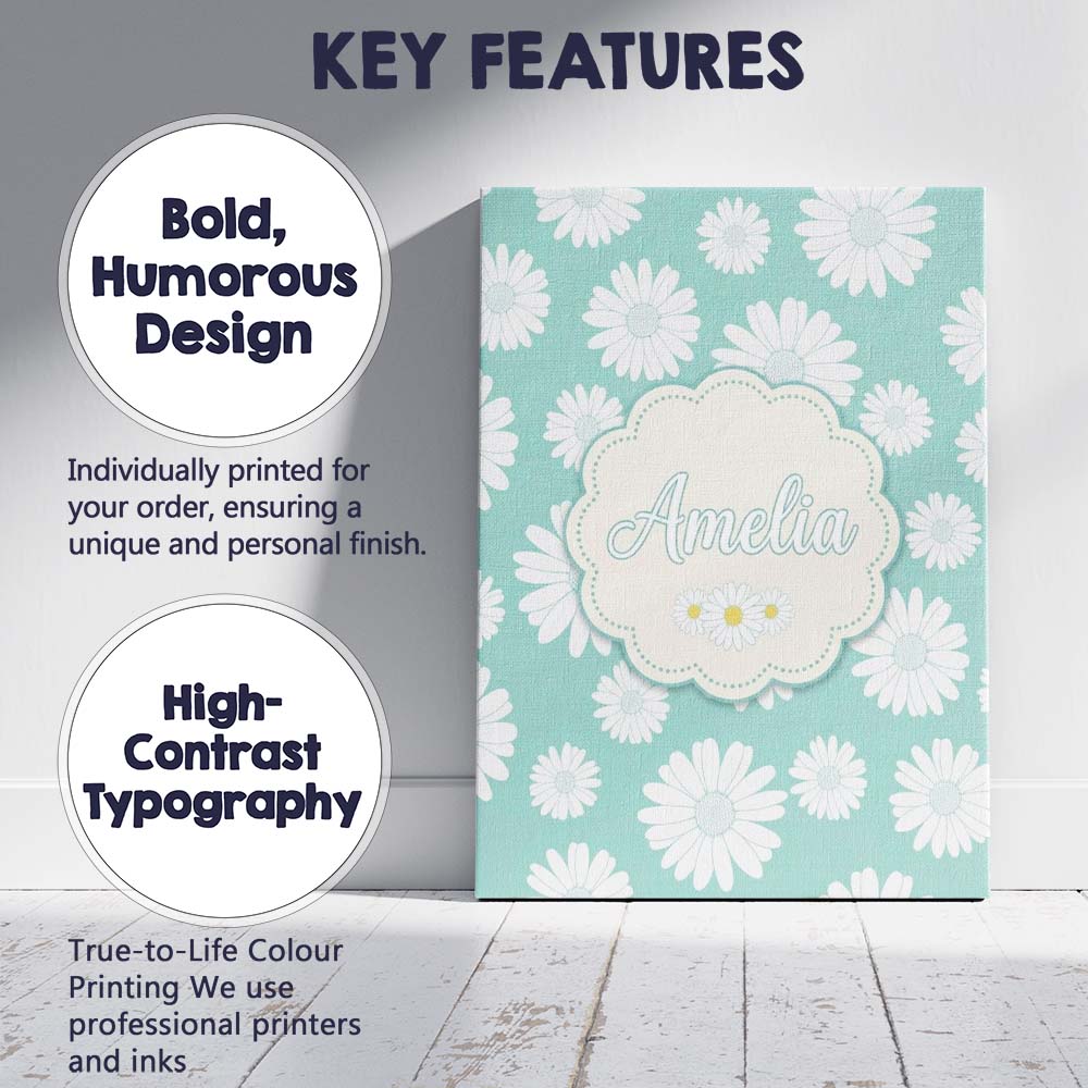 Personalised Name Teal Background White Custom  Modern Room Accent Elegant Feature Canvas Wall Art Print Decor Picture Ready to Hang