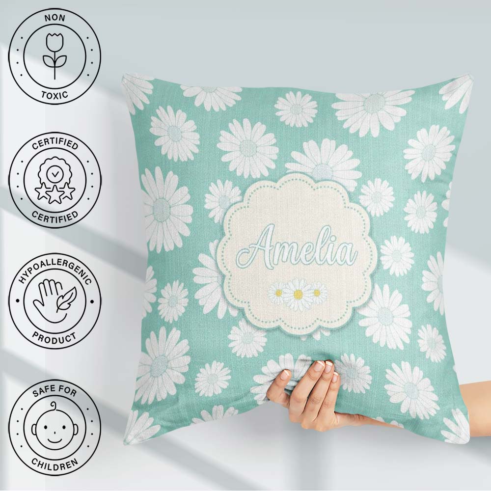 Custom Name Teal Background White Daisy Floral Pattern Name Cute Square Filled Cushion Throw Pillow Sofa Bed Home Decor Zip Washable UK Made