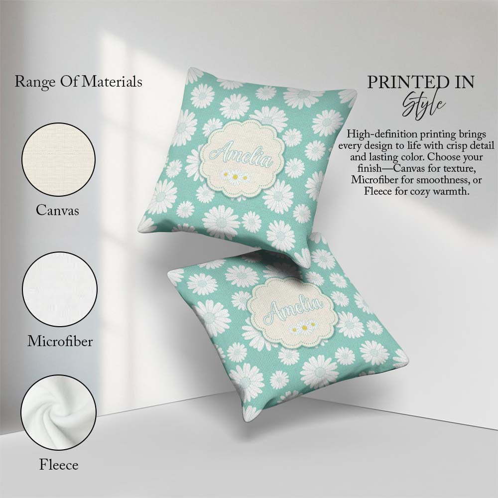 Custom Name Teal Background White Daisy Floral Pattern Name Cute Square Filled Cushion Throw Pillow Sofa Bed Home Decor Zip Washable UK Made
