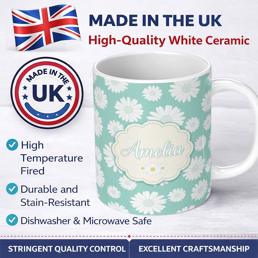Personalized Custom Name Teal Background White Daisy Floral Seamless Pattern Name Cute 11oz Ceramic Coffee Tea Mug White Large Handle