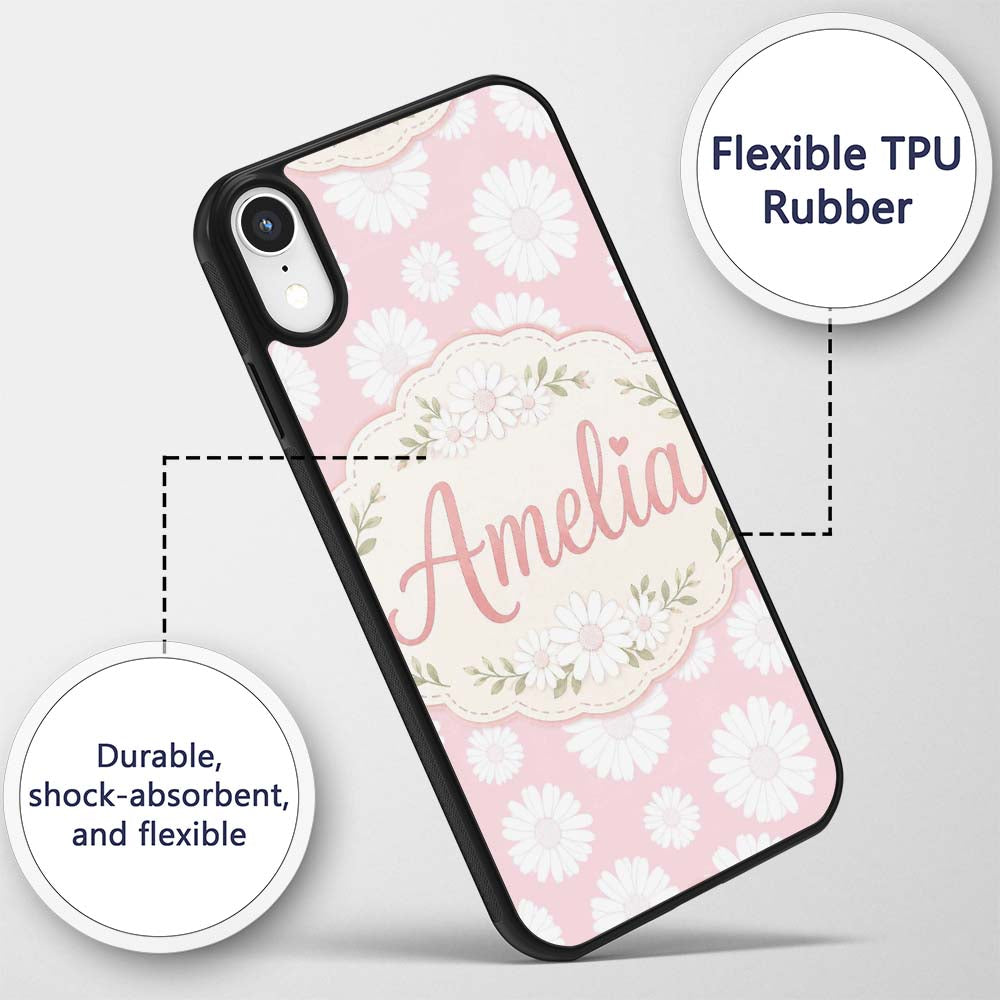 Soft Pink Daisy Floral Seamless Pattern Pastel Custom Name Protective Phone Case Mobile Cover Durable Everyday Smartphone Shock Resistant