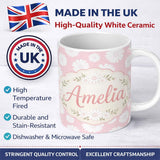 Personalized Custom Name Soft Pink Daisy Floral Seamless Pattern Pastel Flower Background 11oz Ceramic Coffee Tea Mug White Large Handle