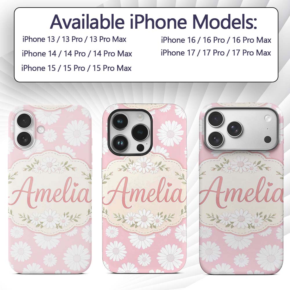 Soft Pink Daisy Floral Seamless Pattern Pastel Custom Name Protective Phone Case Mobile Cover Durable Everyday Smartphone Shock Resistant