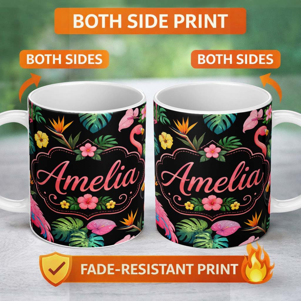 Personalized Custom Name Tropical Flamingo Bird with Exotic Flowers Leaves Pattern Black 11oz Ceramic Coffee Tea Mug White Large Handle