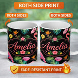 Personalized Custom Name Tropical Flamingo Bird with Exotic Flowers Leaves Pattern Black 11oz Ceramic Coffee Tea Mug White Large Handle
