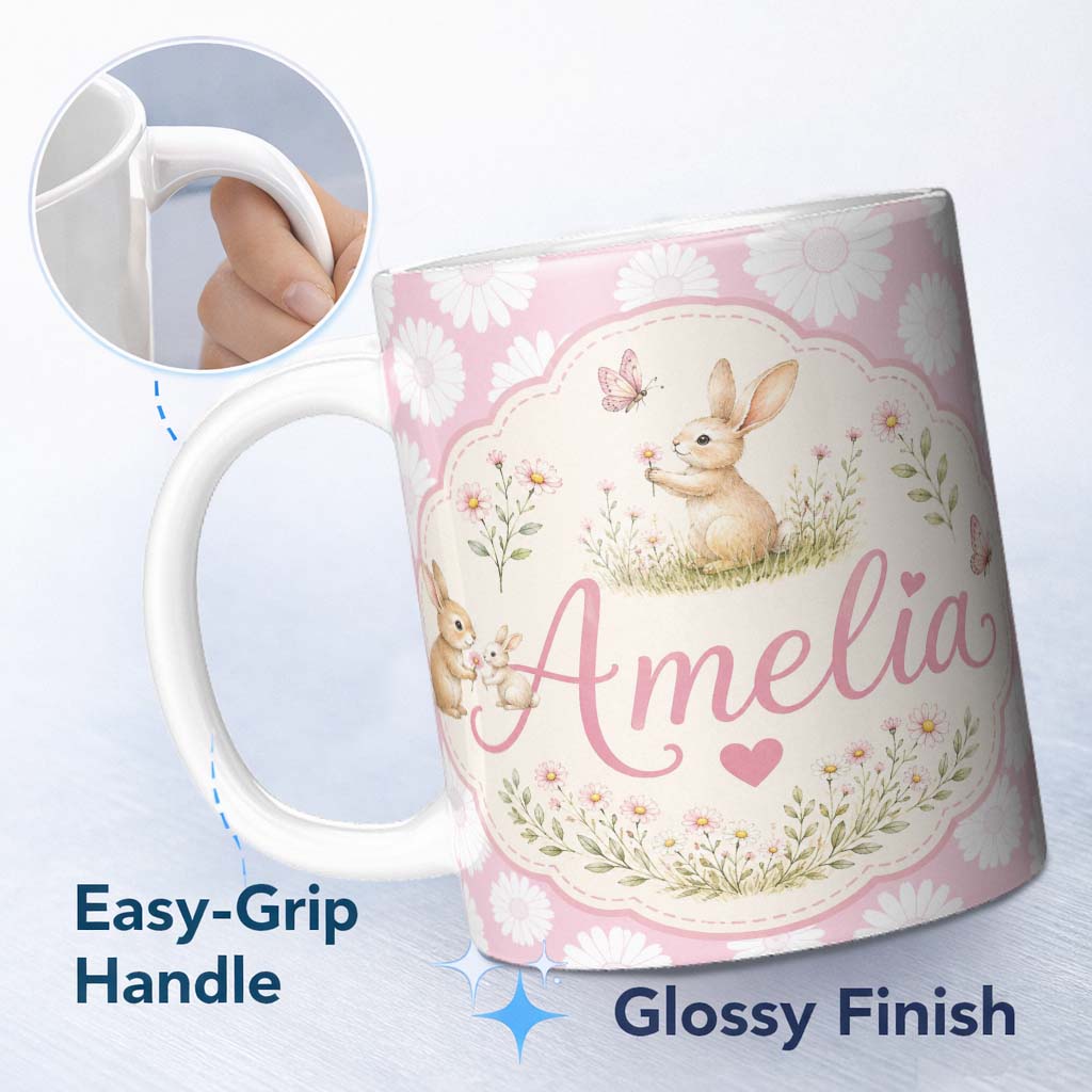 Personalized Custom Name Light Blush Daisy Flower Repeat Pattern Minimal Botanical Design 11oz Ceramic Coffee Tea Mug White Large Handle