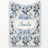 Classic Blue White Toile Floral Seamless Pattern Cute Unique Gift  Personalised Custom Name Super Soft Fleece Blanket Bed Sofa Throw