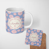 Personalized Custom Name Blue Background Peach Daisy Floral Seamless Pattern Flower Style 11oz Ceramic Coffee Tea Mug White Large Handle