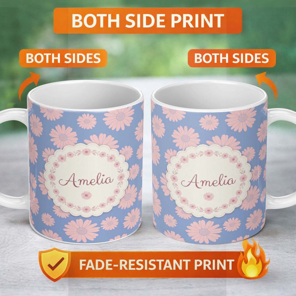 Personalized Custom Name Blue Background Peach Daisy Floral Seamless Pattern Flower Style 11oz Ceramic Coffee Tea Mug White Large Handle