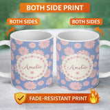 Personalized Custom Name Blue Background Peach Daisy Floral Seamless Pattern Flower Style 11oz Ceramic Coffee Tea Mug White Large Handle