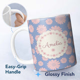 Personalized Custom Name Blue Background Peach Daisy Floral Seamless Pattern Flower Style 11oz Ceramic Coffee Tea Mug White Large Handle