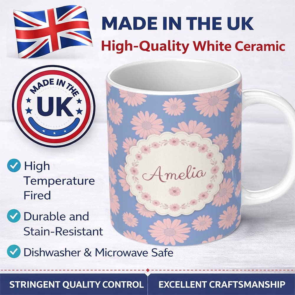 Personalized Custom Name Blue Background Peach Daisy Floral Seamless Pattern Flower Style 11oz Ceramic Coffee Tea Mug White Large Handle