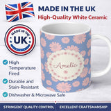 Personalized Custom Name Blue Background Peach Daisy Floral Seamless Pattern Flower Style 11oz Ceramic Coffee Tea Mug White Large Handle