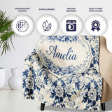 Classic Blue White Toile Floral Seamless Pattern Cute Unique Gift  Personalised Custom Name Super Soft Fleece Blanket Bed Sofa Throw