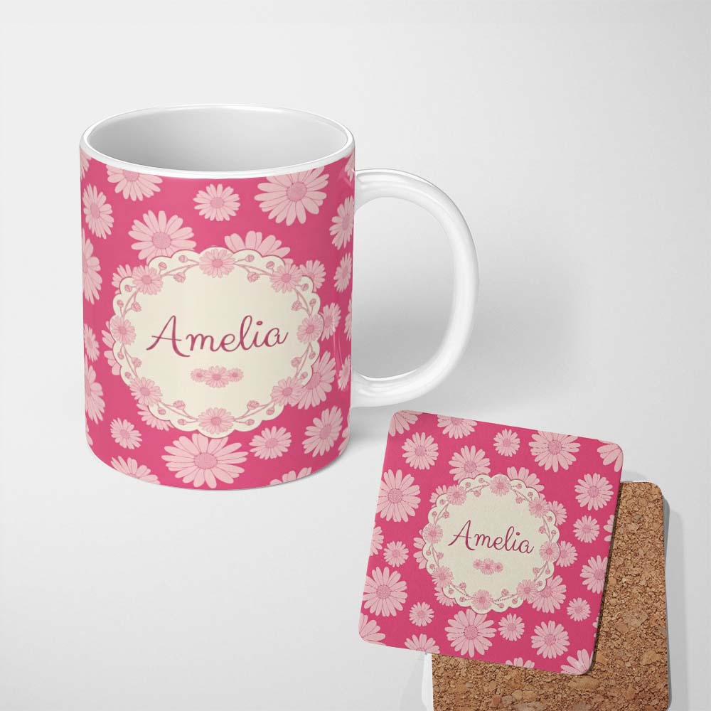 Personalized Custom Name Pink Gradient Daisy Floral Repeat Pattern Soft Feminine Design Name 11oz Ceramic Coffee Tea Mug White Large Handle