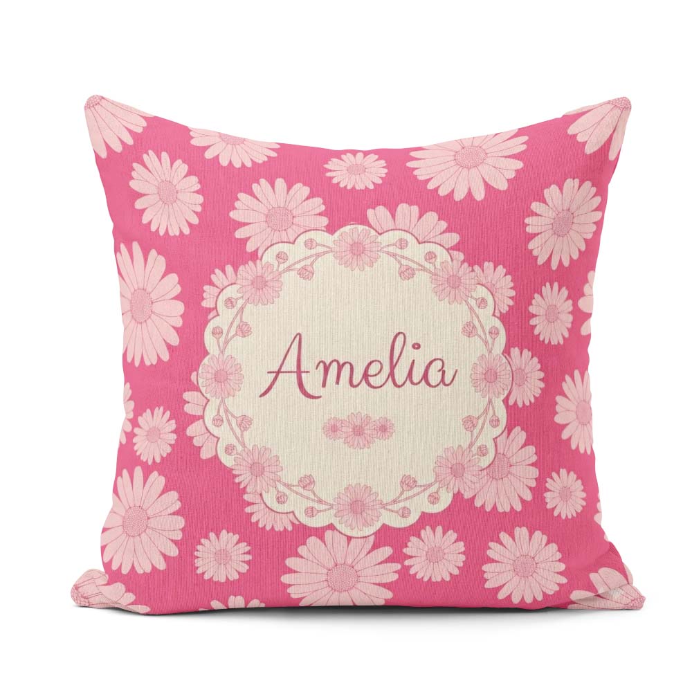 Custom Name Pink Gradient Daisy Floral Repeat Soft Feminine Name Square Filled Cushion Throw Pillow Sofa Bed Home Decor Zip Washable UK Made