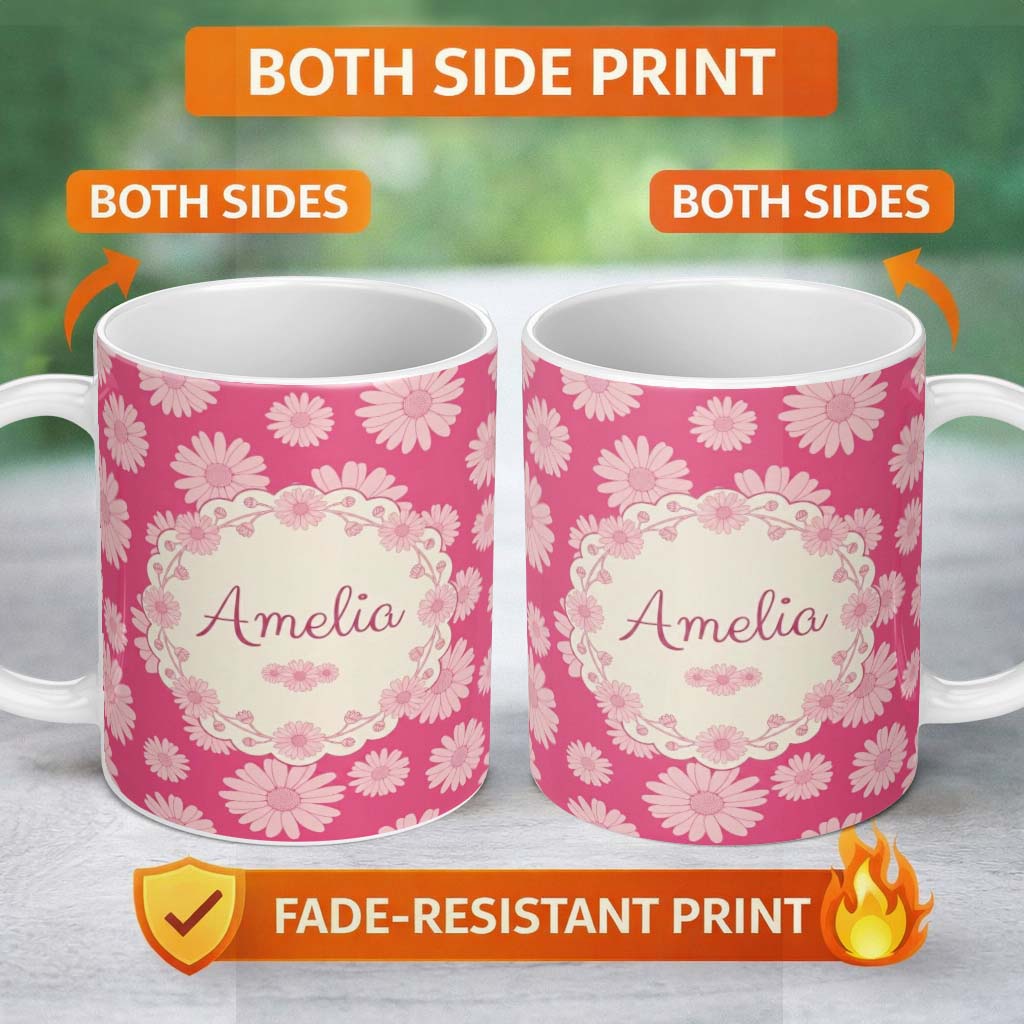 Personalized Custom Name Pink Gradient Daisy Floral Repeat Pattern Soft Feminine Design Name 11oz Ceramic Coffee Tea Mug White Large Handle