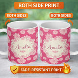 Personalized Custom Name Pink Gradient Daisy Floral Repeat Pattern Soft Feminine Design Name 11oz Ceramic Coffee Tea Mug White Large Handle