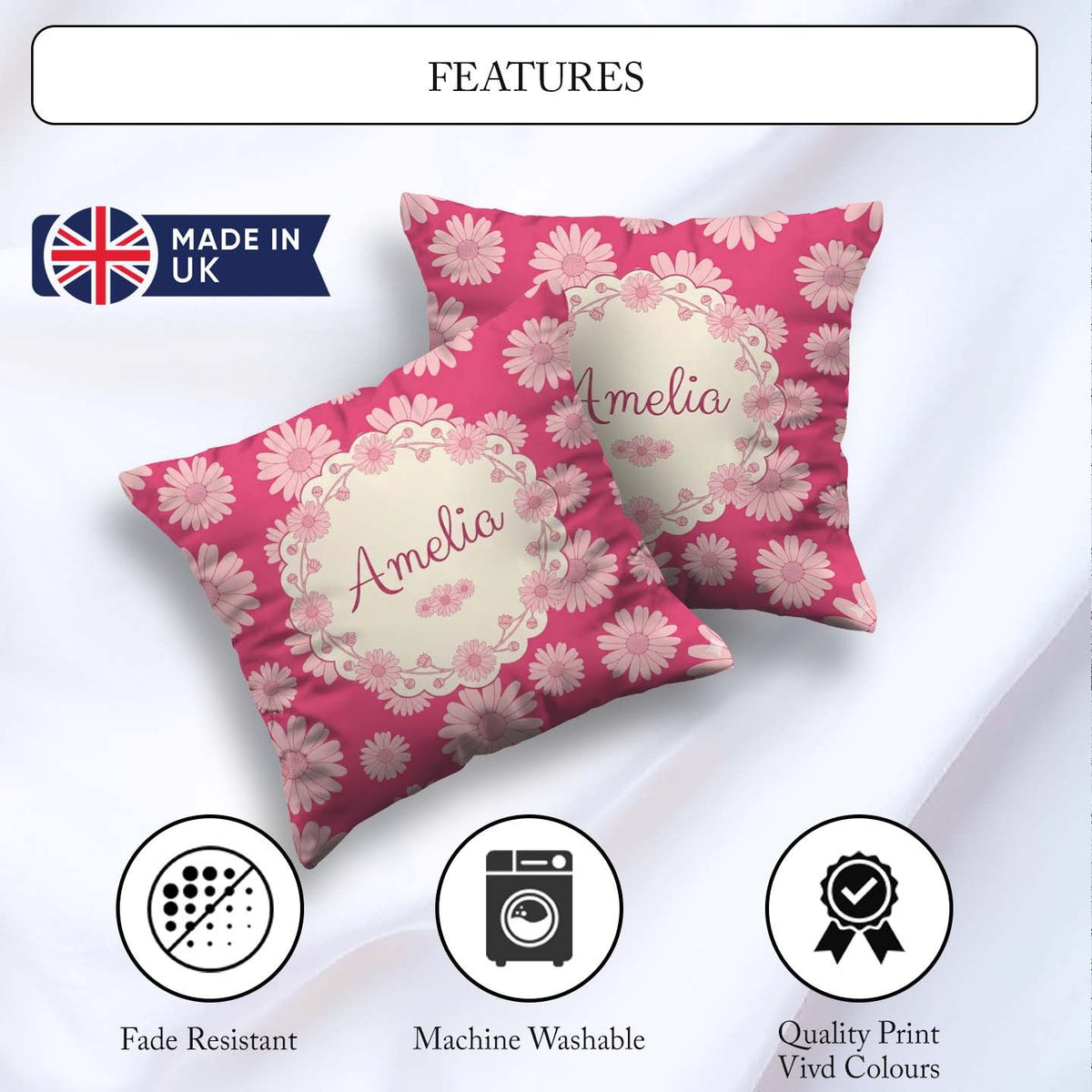 Custom Name Pink Gradient Daisy Floral Repeat Soft Feminine Name Square Filled Cushion Throw Pillow Sofa Bed Home Decor Zip Washable UK Made