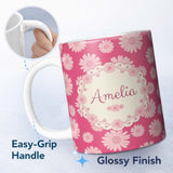Personalized Custom Name Pink Gradient Daisy Floral Repeat Pattern Soft Feminine Design Name 11oz Ceramic Coffee Tea Mug White Large Handle