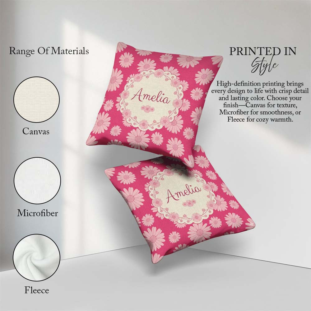 Custom Name Pink Gradient Daisy Floral Repeat Soft Feminine Name Square Filled Cushion Throw Pillow Sofa Bed Home Decor Zip Washable UK Made