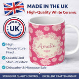 Personalized Custom Name Pink Gradient Daisy Floral Repeat Pattern Soft Feminine Design Name 11oz Ceramic Coffee Tea Mug White Large Handle