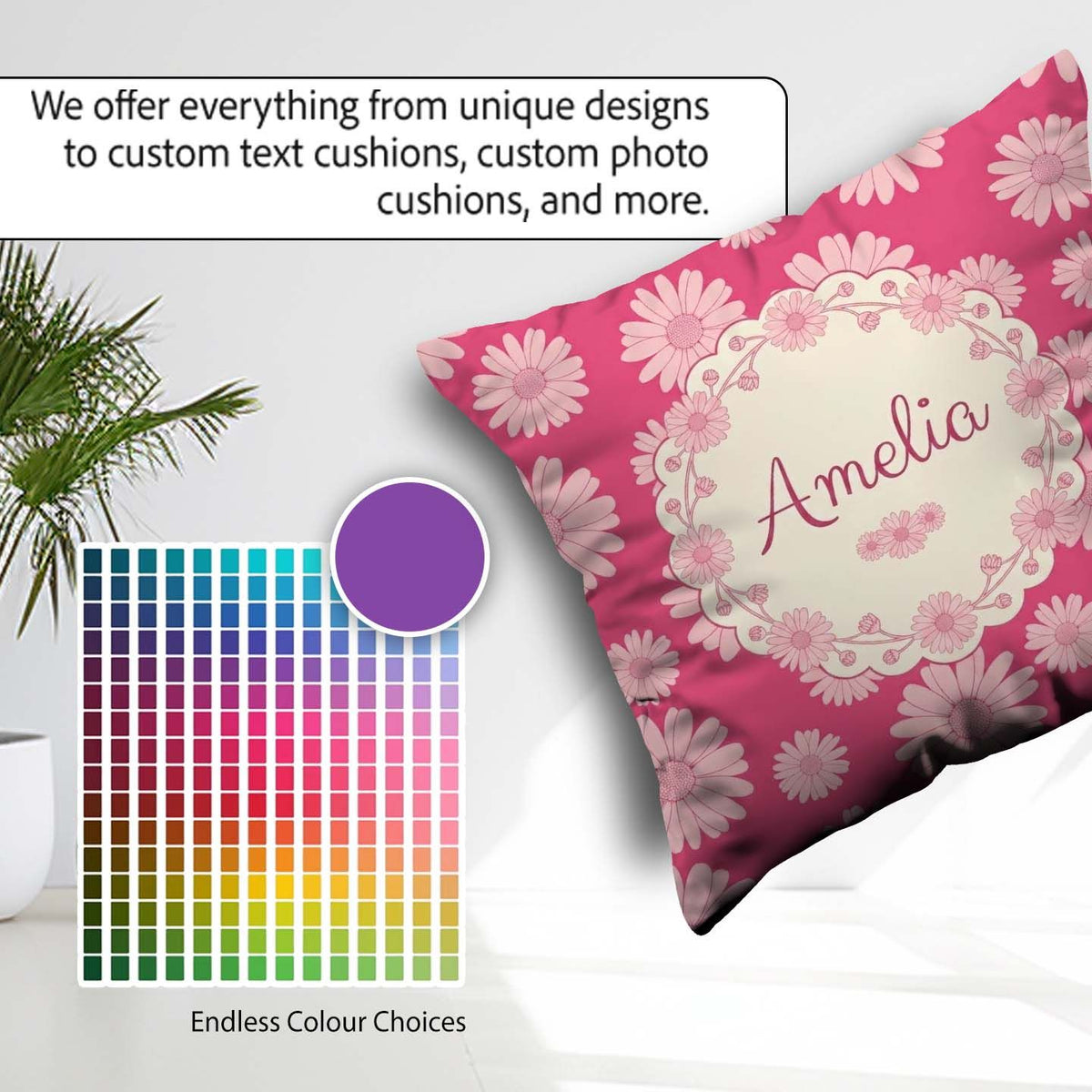Custom Name Pink Gradient Daisy Floral Repeat Soft Feminine Name Square Filled Cushion Throw Pillow Sofa Bed Home Decor Zip Washable UK Made