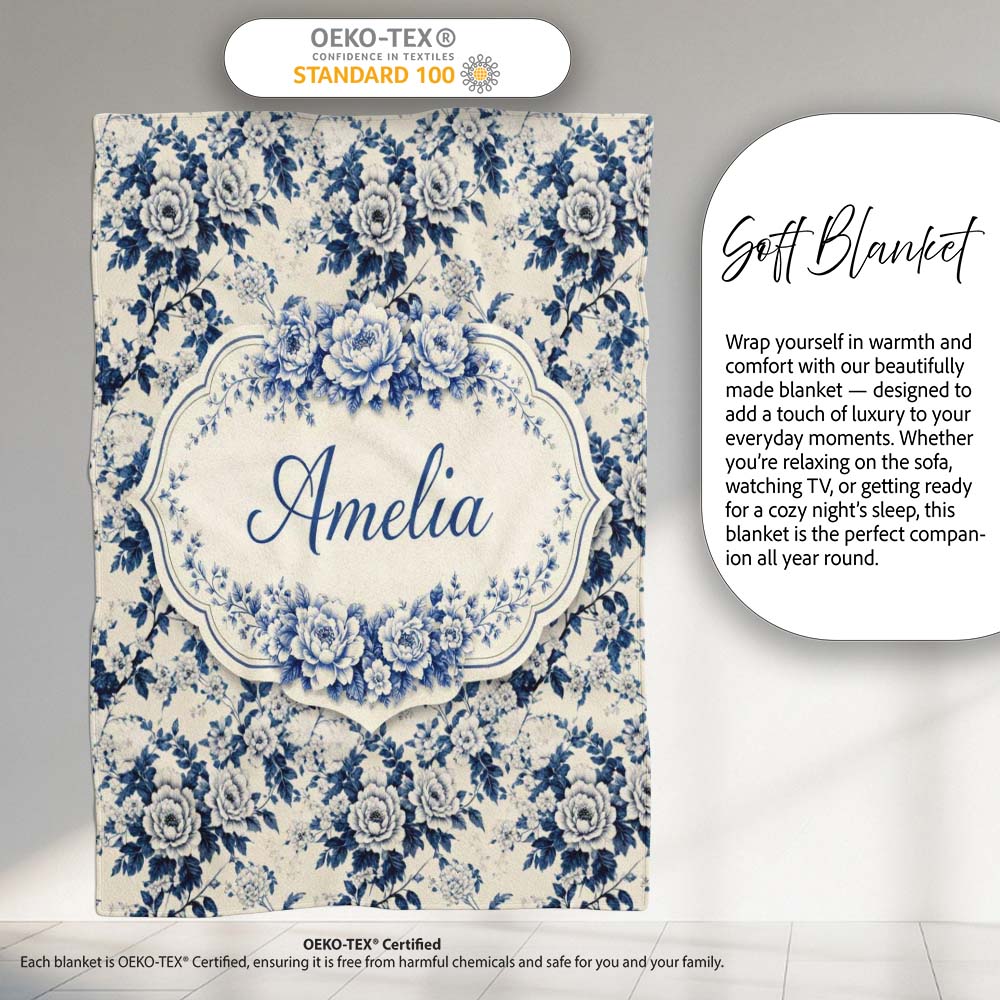 Classic Blue White Toile Floral Seamless Pattern Cute Unique Gift  Personalised Custom Name Super Soft Fleece Blanket Bed Sofa Throw
