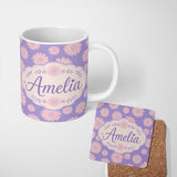 Personalized Custom Name Purple Gradient Daisy Flower Seamless Pattern Pastel Floral Name 11oz Ceramic Coffee Tea Mug White Large Handle