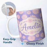 Personalized Custom Name Purple Gradient Daisy Flower Seamless Pattern Pastel Floral Name 11oz Ceramic Coffee Tea Mug White Large Handle