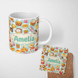 Personalized Custom Name Kawaii Fast Food Burger Sushi Taco Pizza Mint Gingham Seamless 11oz Ceramic Coffee Tea Mug White Large Handle