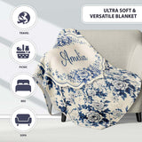 Classic Blue White Toile Floral Seamless Pattern Cute Unique Gift  Personalised Custom Name Super Soft Fleece Blanket Bed Sofa Throw
