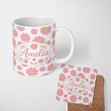 Personalized Custom Name Grey Background Pink Daisy Floral Seamless Pattern Bright Center 11oz Ceramic Coffee Tea Mug White Large Handle