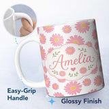 Personalized Custom Name Grey Background Pink Daisy Floral Seamless Pattern Bright Center 11oz Ceramic Coffee Tea Mug White Large Handle