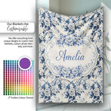 Classic Blue White Toile Floral Seamless Pattern Cute Unique Gift  Personalised Custom Name Super Soft Fleece Blanket Bed Sofa Throw