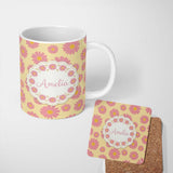 Personalized Custom Name Yellow Gradient Pink Daisy Floral Seamless Pattern Vintage Style 11oz Ceramic Coffee Tea Mug White Large Handle