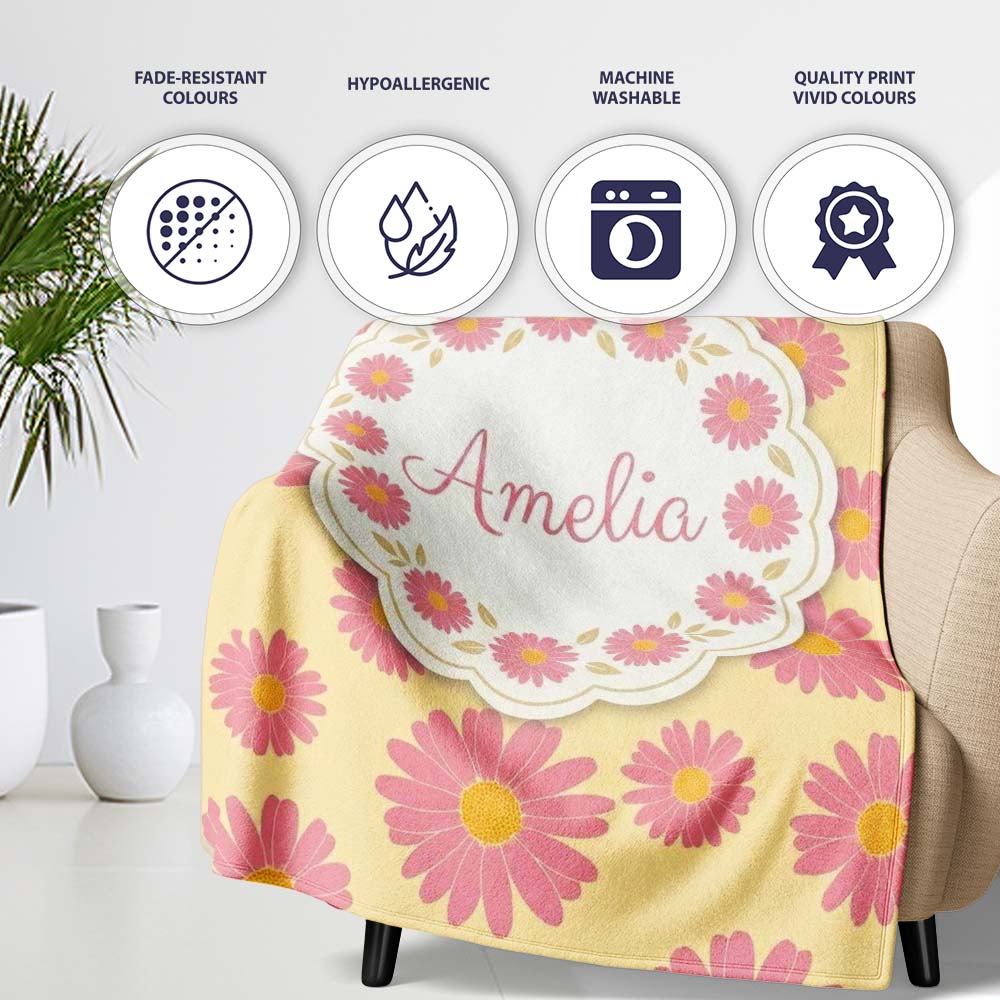 Yellow Gradient Pink Daisy Floral Seamless Pattern Vintage Style  Personalised Custom Name Super Soft Fleece Blanket Bed Sofa Throw