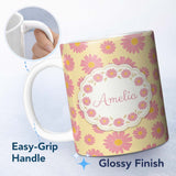Personalized Custom Name Yellow Gradient Pink Daisy Floral Seamless Pattern Vintage Style 11oz Ceramic Coffee Tea Mug White Large Handle