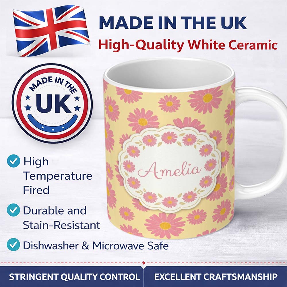 Personalized Custom Name Yellow Gradient Pink Daisy Floral Seamless Pattern Vintage Style 11oz Ceramic Coffee Tea Mug White Large Handle