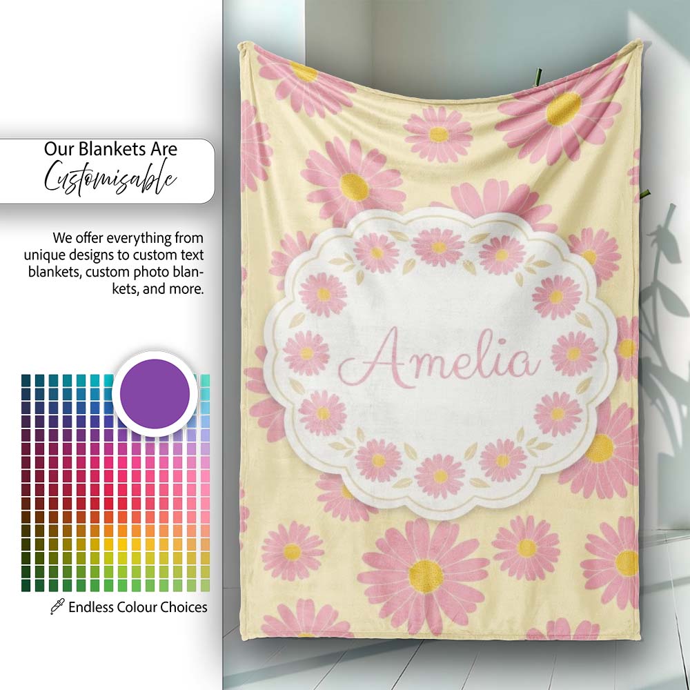 Yellow Gradient Pink Daisy Floral Seamless Pattern Vintage Style  Personalised Custom Name Super Soft Fleece Blanket Bed Sofa Throw