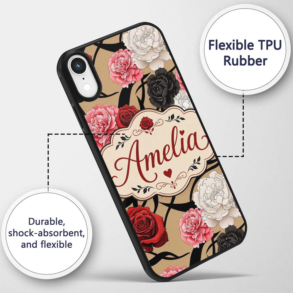 Elegant Rose Floral Pattern Red Printed Design Custom Name Protective Phone Case Mobile Cover Durable Everyday Smartphone Shock Resistant