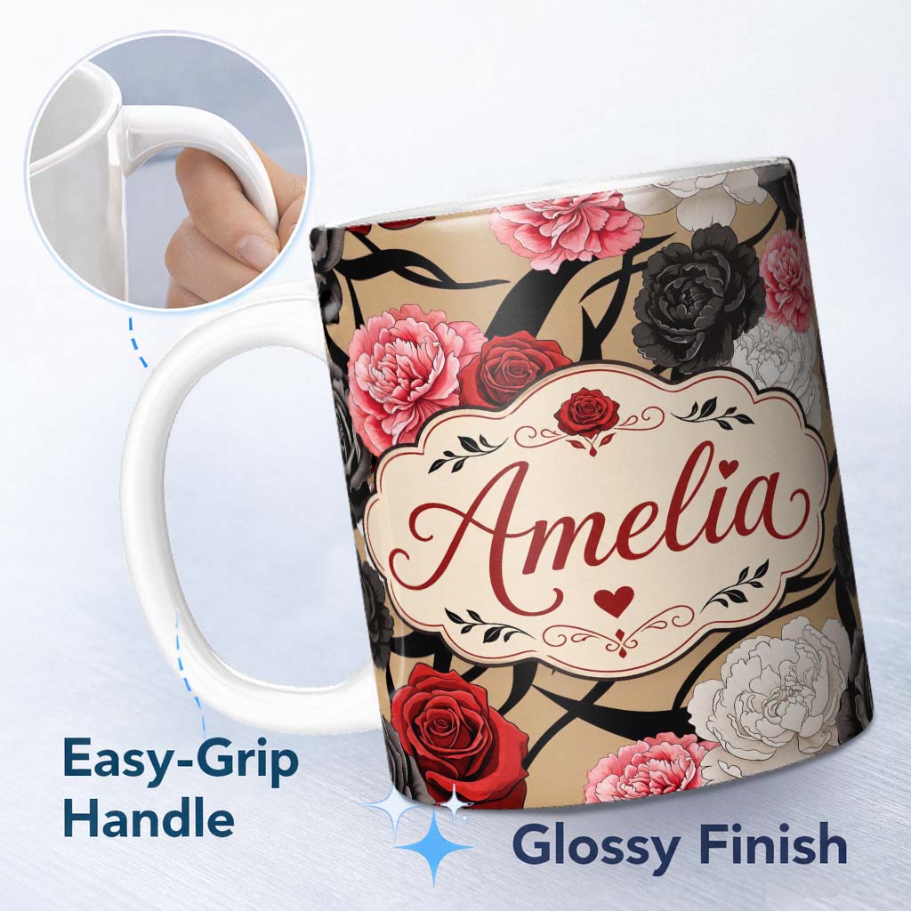 Personalized Custom Name Elegant Rose Floral Pattern Red Black Cream Flowers Seamless Design 11oz Ceramic Coffee Tea Mug White Large Handle