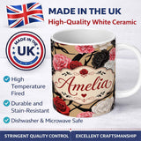 Personalized Custom Name Elegant Rose Floral Pattern Red Black Cream Flowers Seamless Design 11oz Ceramic Coffee Tea Mug White Large Handle