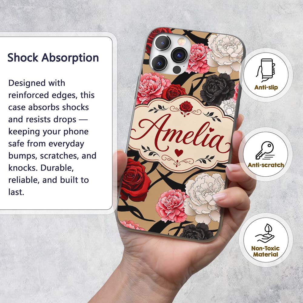 Elegant Rose Floral Pattern Red Printed Design Custom Name Protective Phone Case Mobile Cover Durable Everyday Smartphone Shock Resistant
